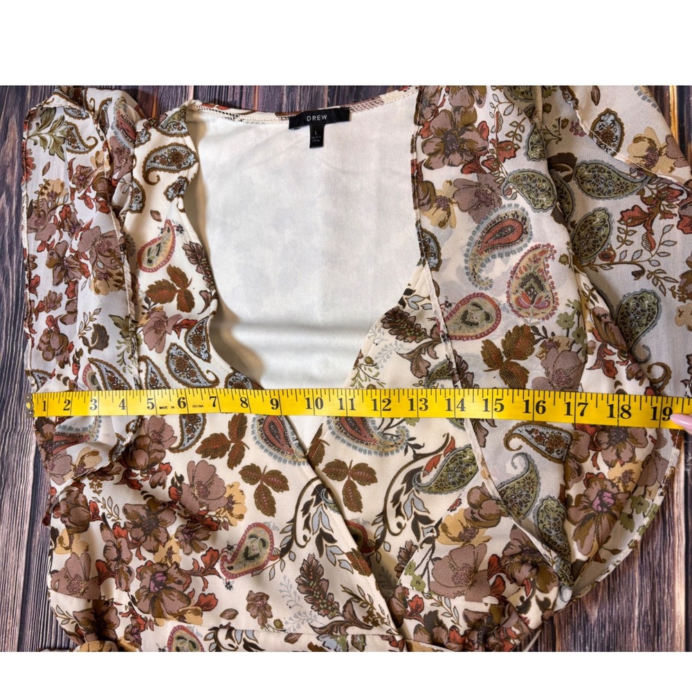 Drew Maxi Dress Womens Large Brown Floral Paisley Wrap Ruffle Terra Vintage - Picture 7 of 12